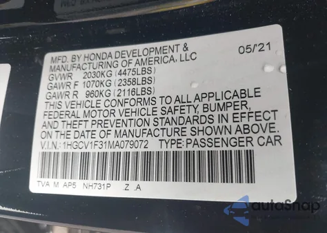 2021 Honda Accord Sport z USA, uszkodzony, nr VIN 1HGCV1F31MA079072